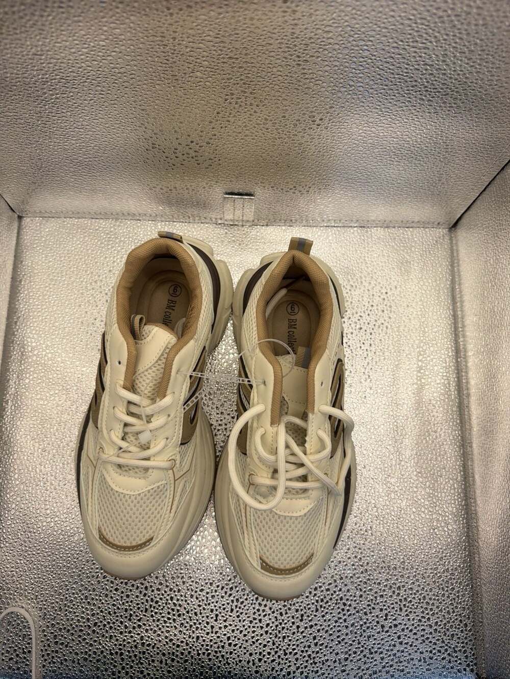 BM Collection Chunky Platform Athletic Mesh Sneakers in White and Tan